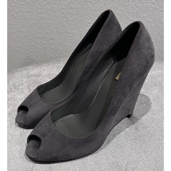 ⭐️ MIU MIU Gray Suede Peep Toe Wedge Shoes Size 36.5 - Picture 1 of 9
